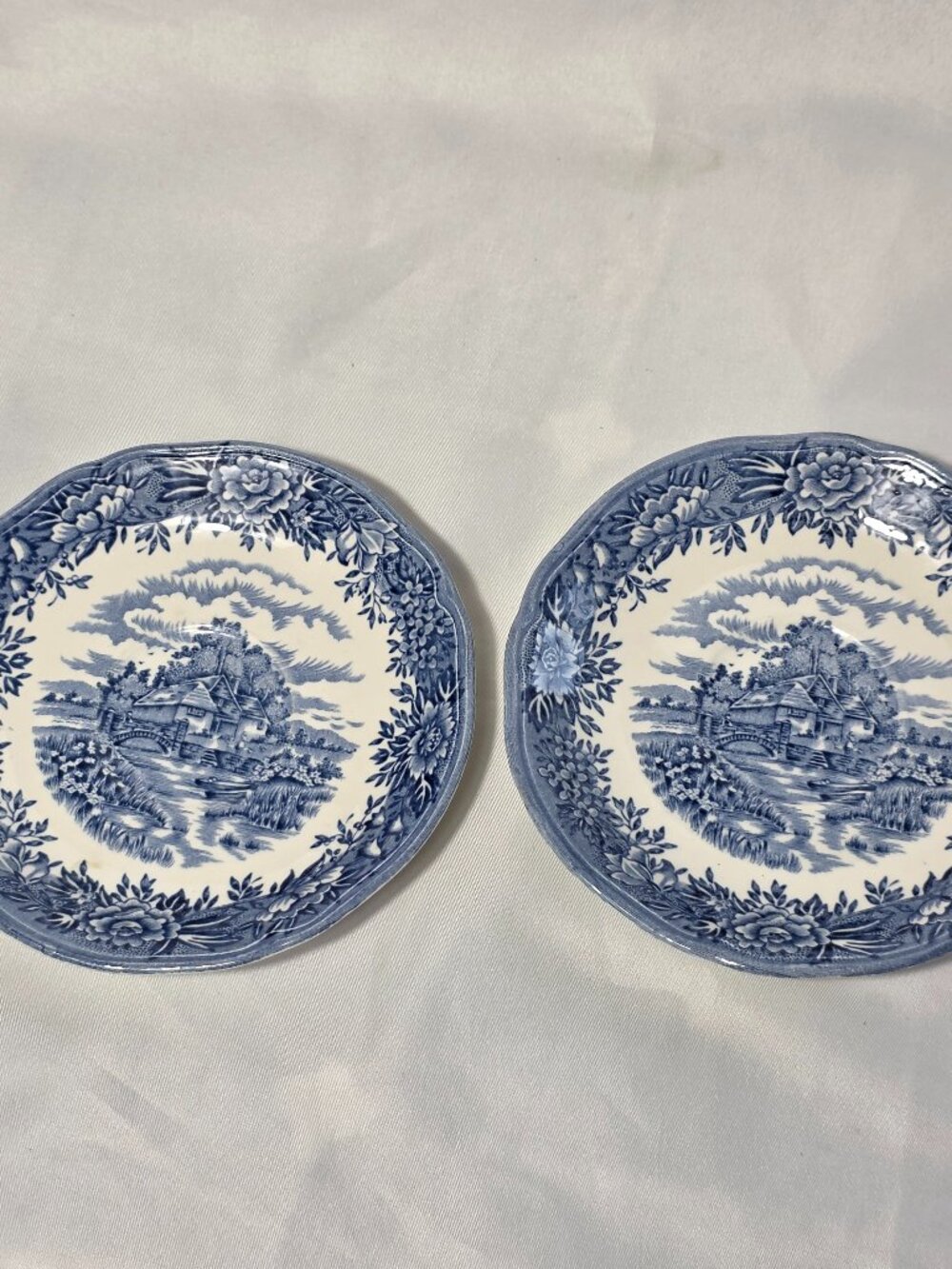 TWO Salem English Village Saucers Village Scene Blue & White Transferware